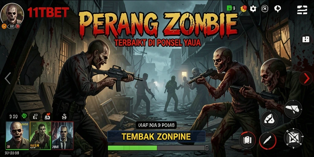 Antarmuka gameplay <strong>11TBET</strong> yang mendebarkan dengan aksi tembak-menembak zombie.