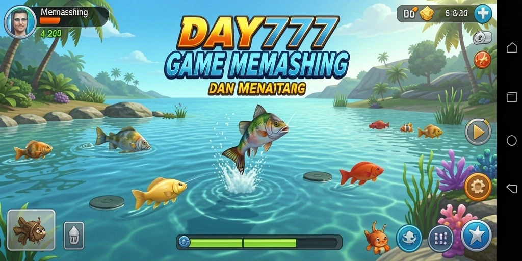 Tampilan antarmuka DAY777 yang menampilkan aksi memancing yang seru.