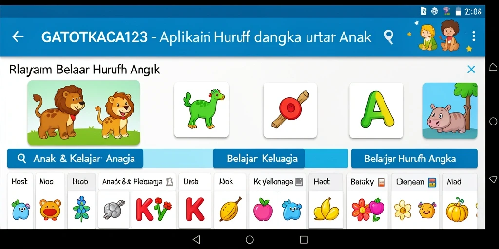 Screenshot GATOTKACA123 menunjukkan antarmuka belajar huruf dan angka yang interaktif.