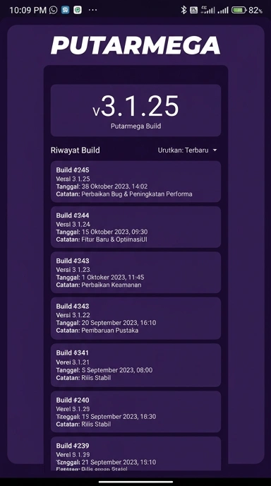Tampilan riwayat versi putarmega